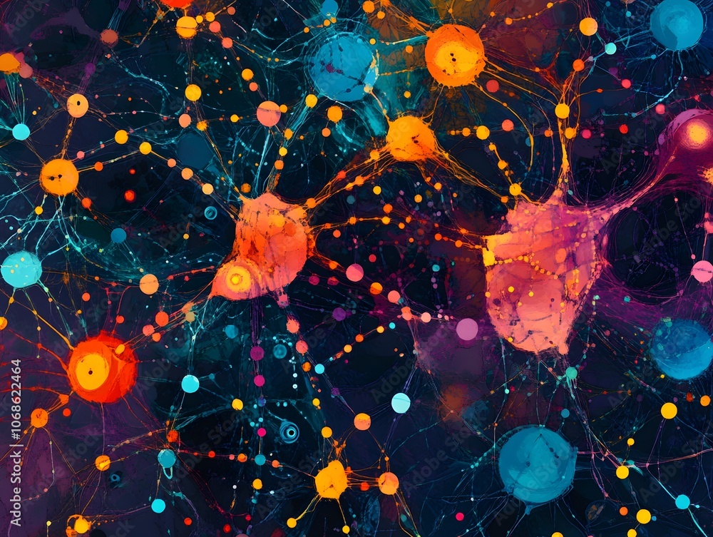 Poster abstract neural network with vibrant colors and connecting lines on a dark background.
