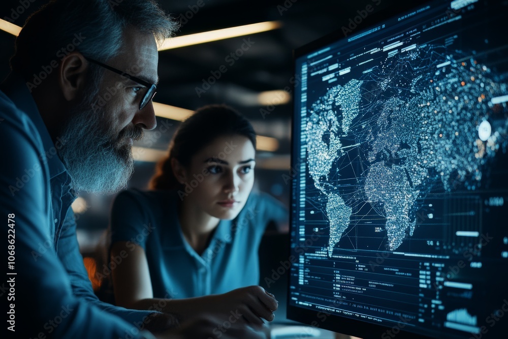 Aufkleber a man and woman focus on a computer screen showing illuminated world maps, analyzing data together i