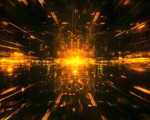 Abstract glowing golden light beams in a digital space, creating a dynamic and futuristic atmosphere.
