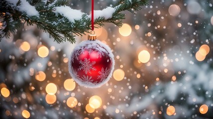 A shiny, solid red Christmas ball, glistening under twinkling fairy lights, hangs delicately from a snow-dusted evergreen branch. The ball reflects a cozy fireplace glow, surrounded by soft, falling s