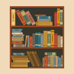 Open cabinet with many different books. Bookcase, shelf, rack. Vector illustration