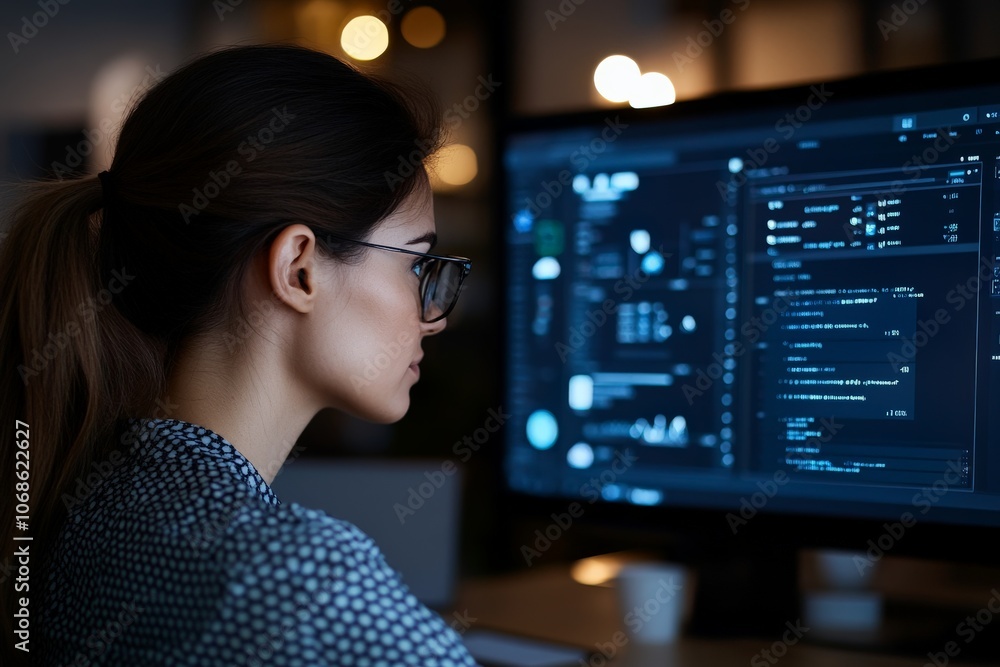 Poster a dedicated woman wearing glasses focuses on computer screen displaying programming code, demonstrat