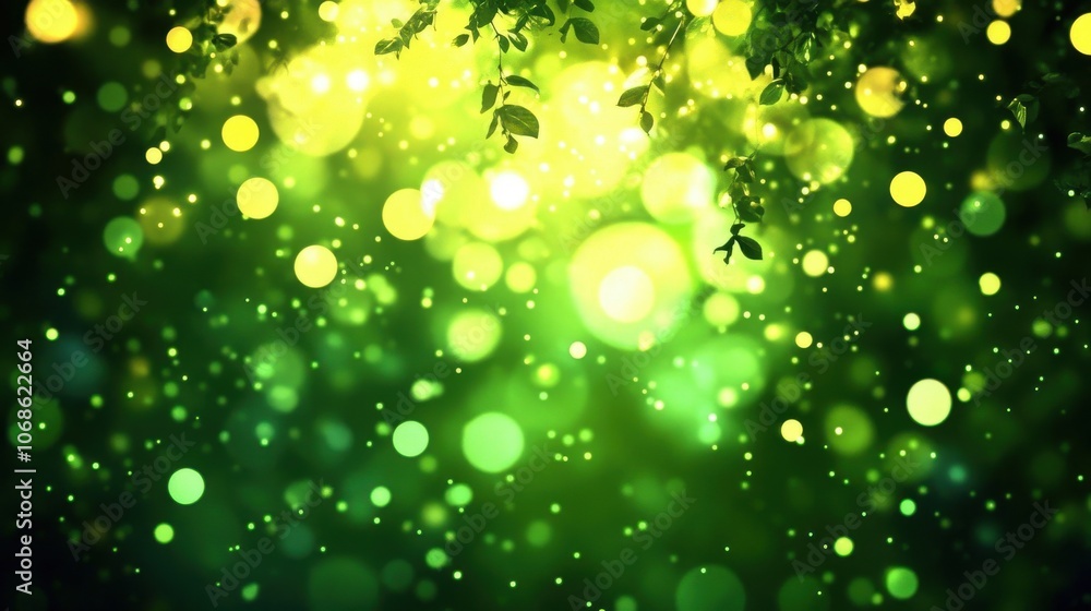 Aufkleber a vibrant green abstract background with sparkling light bokeh effects and soft leaf silhouettes.