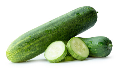 Side view of fresh green cucumber with slices in circle shape in stack isolated on white background with clipping path