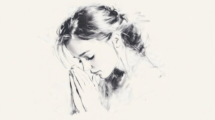 Pencil Sketch of Woman Praying with Closed Eyes, Serene and Reflective Art Portrait