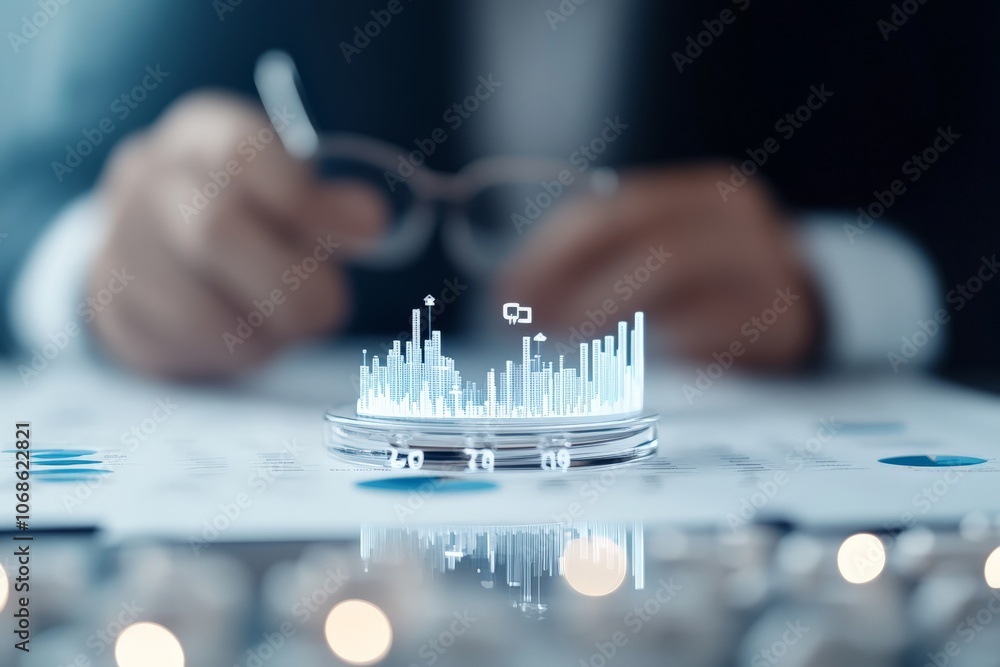 Poster a small, glowing cityscape model sits on a glass table, representing data and analytics in a profess
