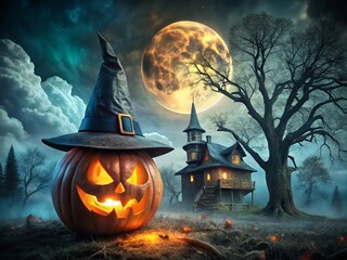 Spooky Jack-O-Lantern with Witch Hat in Front of Haunted House - Halloween Double Exposure Photography