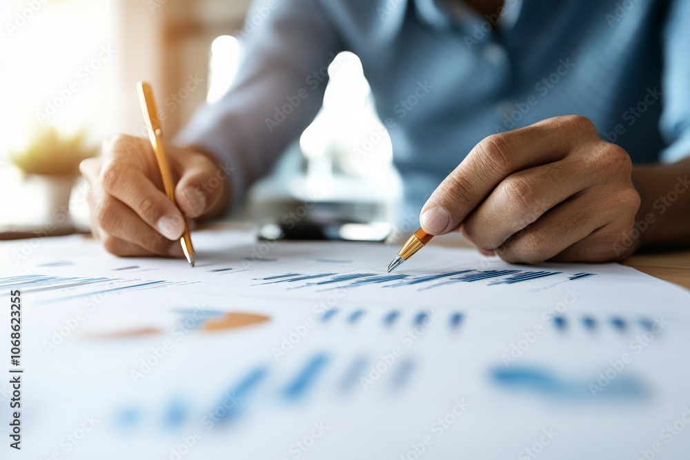 Poster close-up of hands writing on financial documents with graphs, emphasizing attention to detail and bu