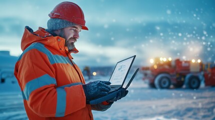 A man in winter gear uses a laptop outdoors during snowfall, showcasing a blend of technology and rugged work environment.