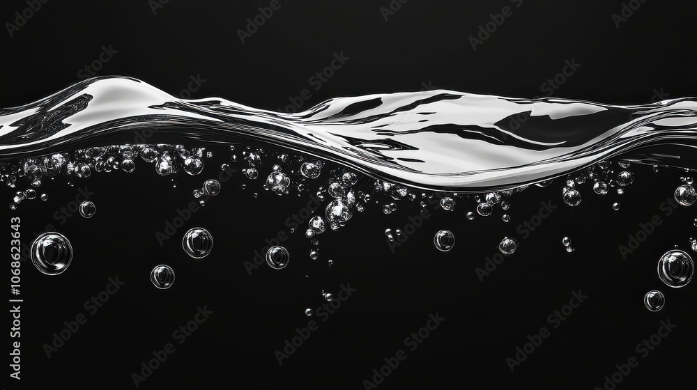 Poster bubbles rise through transparent water, creating dynamic patterns against a dark backdrop.
