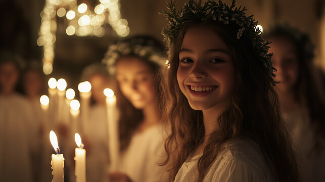 Smiling girl in Santa Lucia procession holding candle and wearing a wreath.