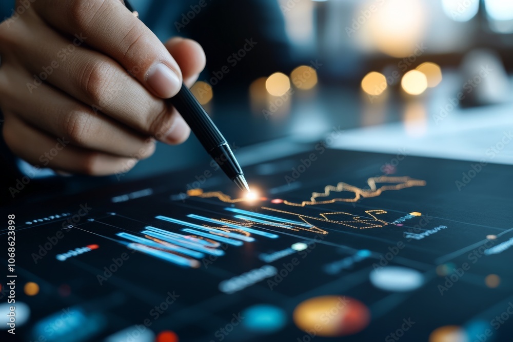 Poster a hand using a pen to point at illuminated digital graphs and charts on a screen, seeking financial 