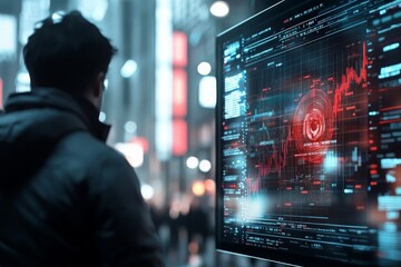 A man in an urban environment views a digital screen with financial graphs and data, encapsulating the connection between city life and technology.