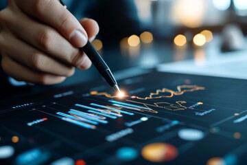 A hand using a pen to point at illuminated digital graphs and charts on a screen, seeking financial insights and performance metrics in a modern technological setting.