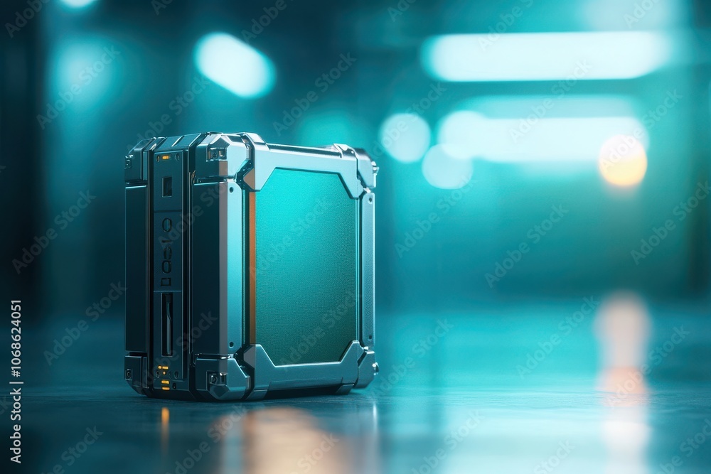 Poster a metallic cube with a textured surface, illuminated in a futuristic, moody environment that exudes 