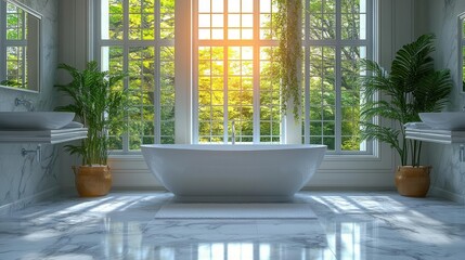 luxurious marble bathroom interior, featuring elegant sinks and large windows allowing natural light to stream in, creating a serene and sophisticated atmosphere for relaxation and self-care