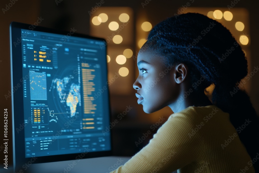 Poster a young professional focused on analyzing global data displayed on a computer screen, representing d