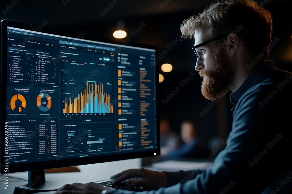 Poster an individual analyzes complex data graphs on a computer screen, suggesting keen observation and und