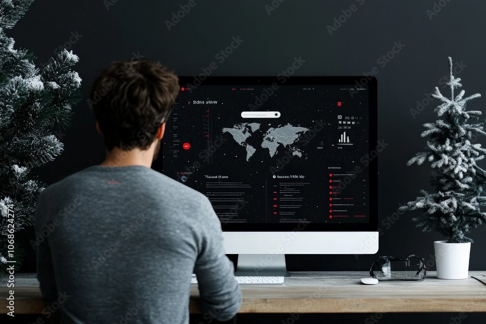 Poster a man focusing on his computer displaying a world map, surrounded by modern, futuristic elements in 