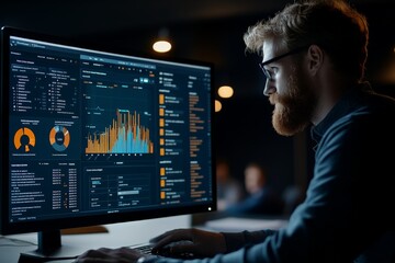 An individual analyzes complex data graphs on a computer screen, suggesting keen observation and understanding of statistical trends with advanced modern software.