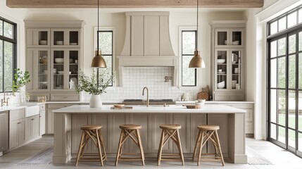 Fototapeta premium Contemporary Kitchen Island with Rustic Wooden Stools