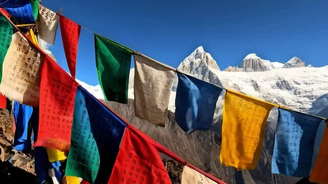 Document colorful prayer flags fluttering in the wind against a stunning backdrop, illustrating their cultural and spiritual significance.
