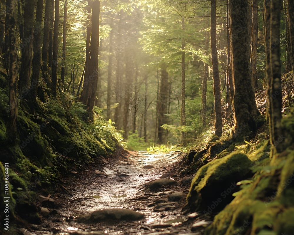 Poster sunlight streams through a dense forest, illuminating a winding path leading deeper into the woods. 