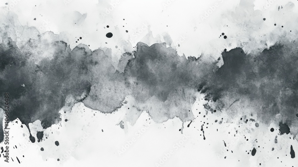 Poster abstract grayscale watercolor texture with splashes and soft edges, creating a serene and artistic b