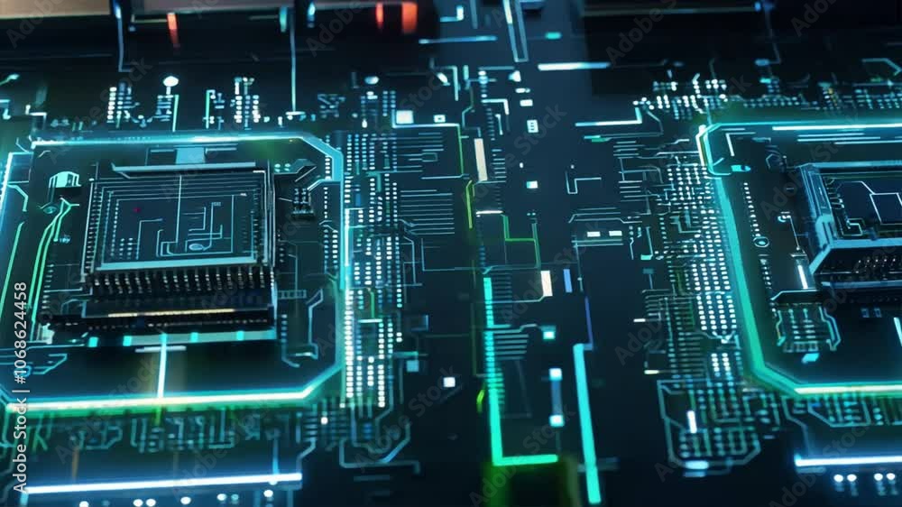 Poster futuristic circuit board design exploring advanced technology with glowing microchips in electronics