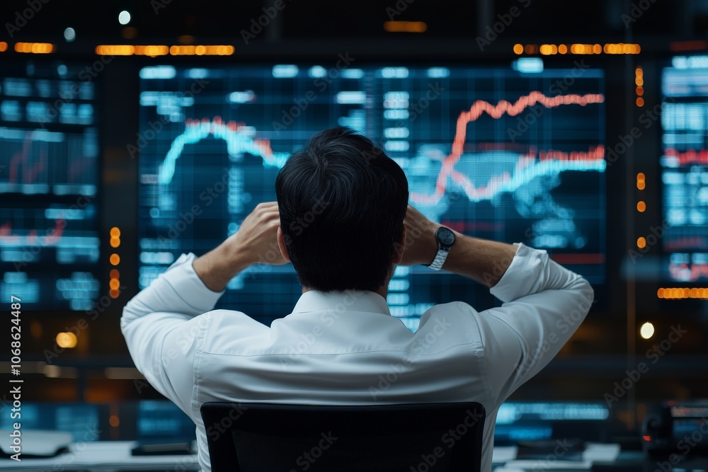 Aufkleber a professional stock trader examines financial data on various screens, reflecting focus and determi