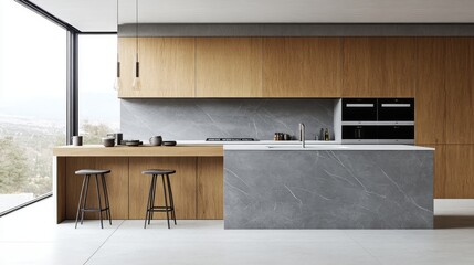 Modern Kitchen with Grey Marble Island and Wooden Cabinets