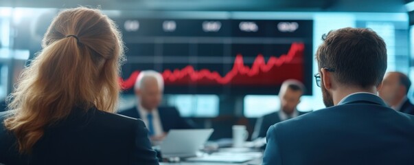 A business meeting in progress with participants focused on a screen displaying rising financial charts.