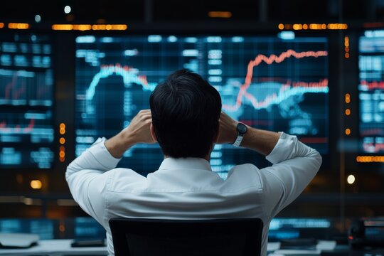 A professional stock trader examines financial data on various screens, reflecting focus and determination, amid a complex and busy trading environment.