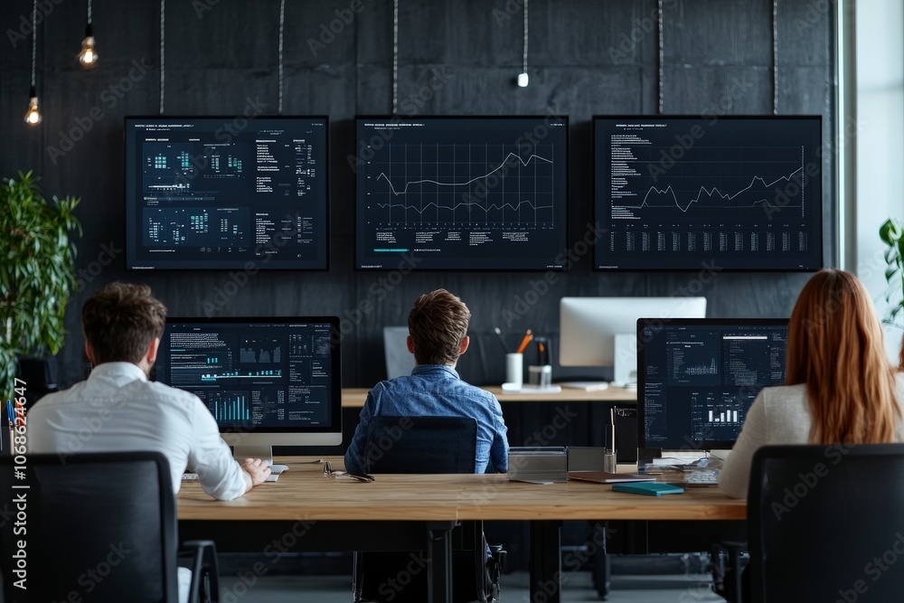 Poster a team of three people in a contemporary office space analyzing data on multiple computer screens, h