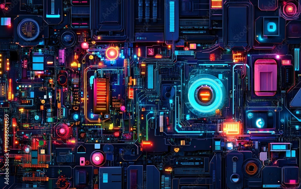 Poster vibrant and intricate circuit board design, featuring colorful lights and patterns, ideal for techno