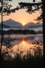 A serene sunrise over a tranquil lake surrounded by misty mountains