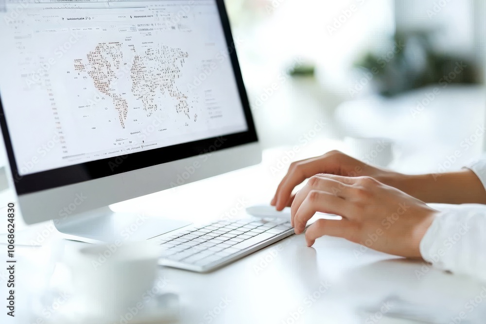 Poster image of a person working on a computer with focus on a map interface, representing data analysis, m