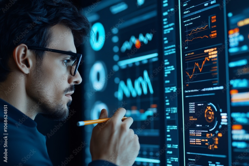 Poster image shows a person deeply engaged in examining digital data on a large display, highlighting innov