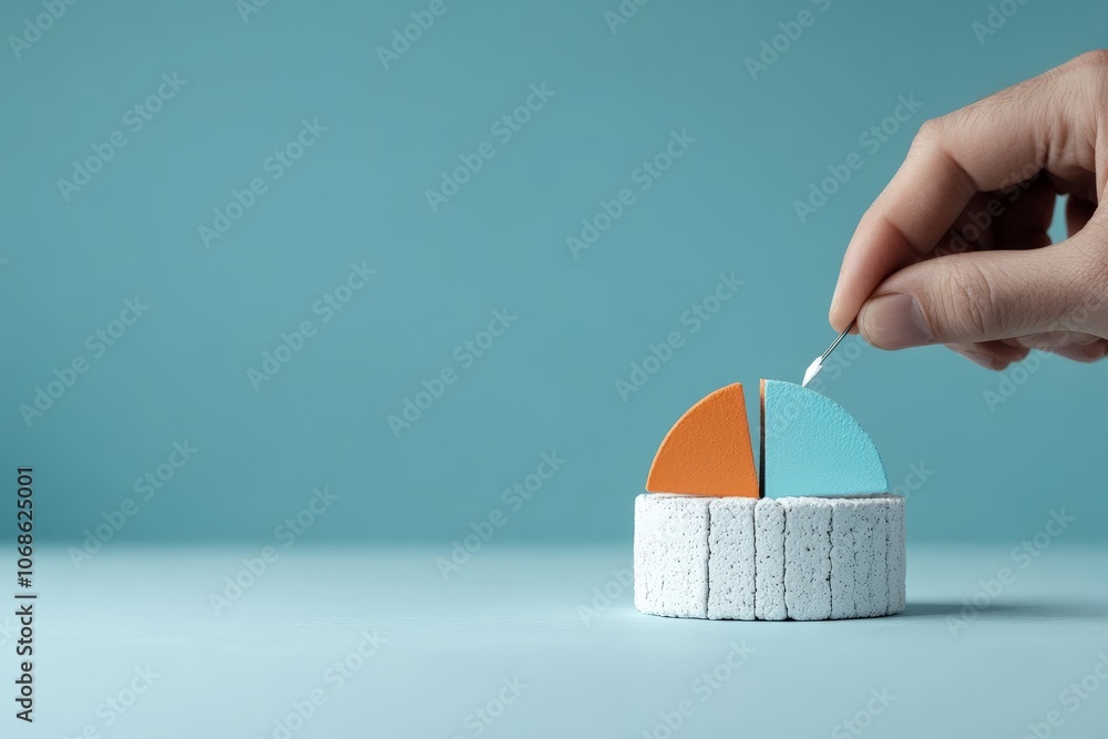 Poster a hand assembling colorful segments of a pie chart on a minimalist surface, representing analysis, g