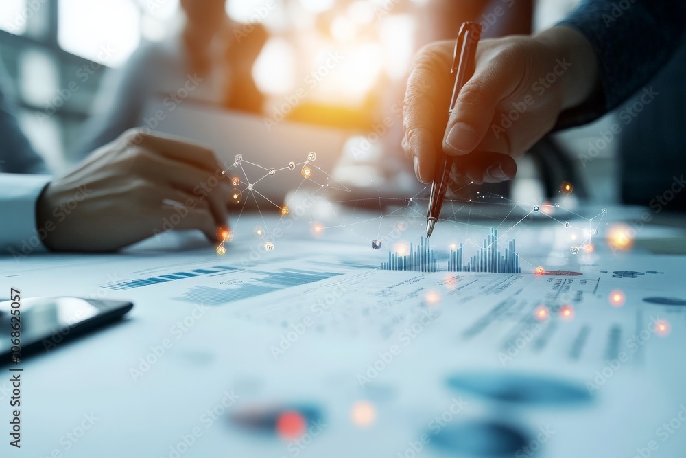 Poster hands pointing at a document with futuristic data visualizations, representing teamwork, innovation,