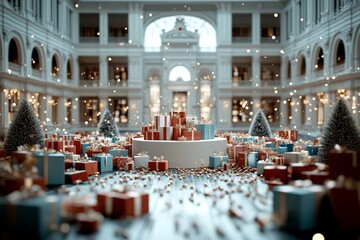 A luxurious grand hall is adorned with an array of beautifully wrapped presents, indicating festive celebration, abundance, and a spirit of giving and joy.