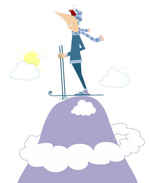 High mountain. Skiing young man. Winter sport. 
Young skier man standing on the top of the mountain. Isolated on white background
