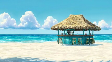 Tropical Beach Bar with Palm Thatched Roof and Blue Ocean.