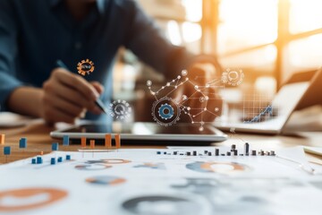 A person uses a tablet device to analyze data, with colorful graphs and futuristic overlays representing digital technology in a process of data analysis.