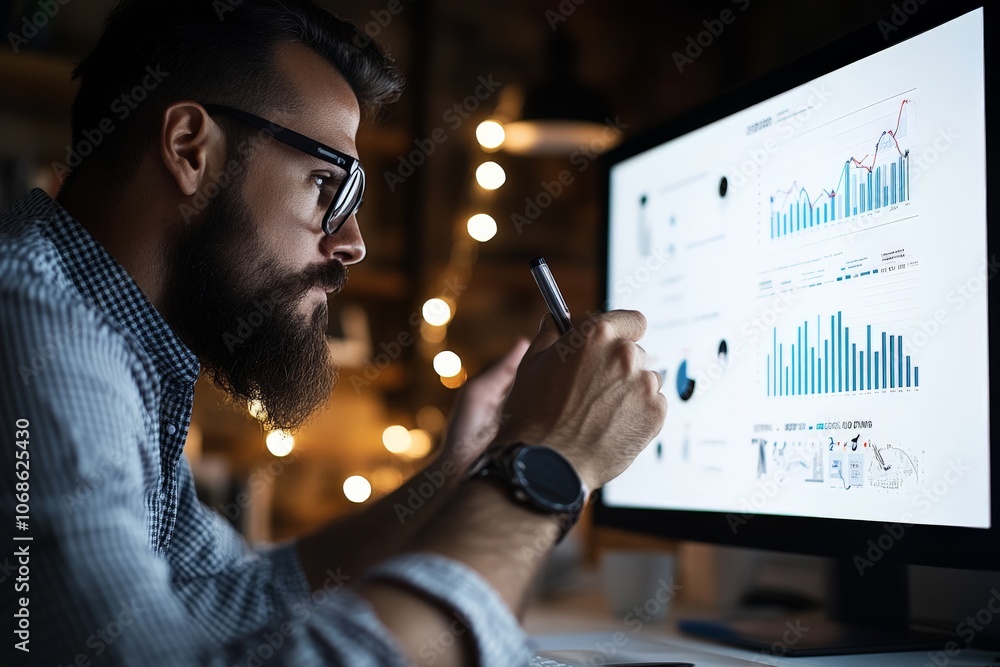 Poster a thoughtful bearded man gazes intently at a computer screen filled with various analytical graphs, 