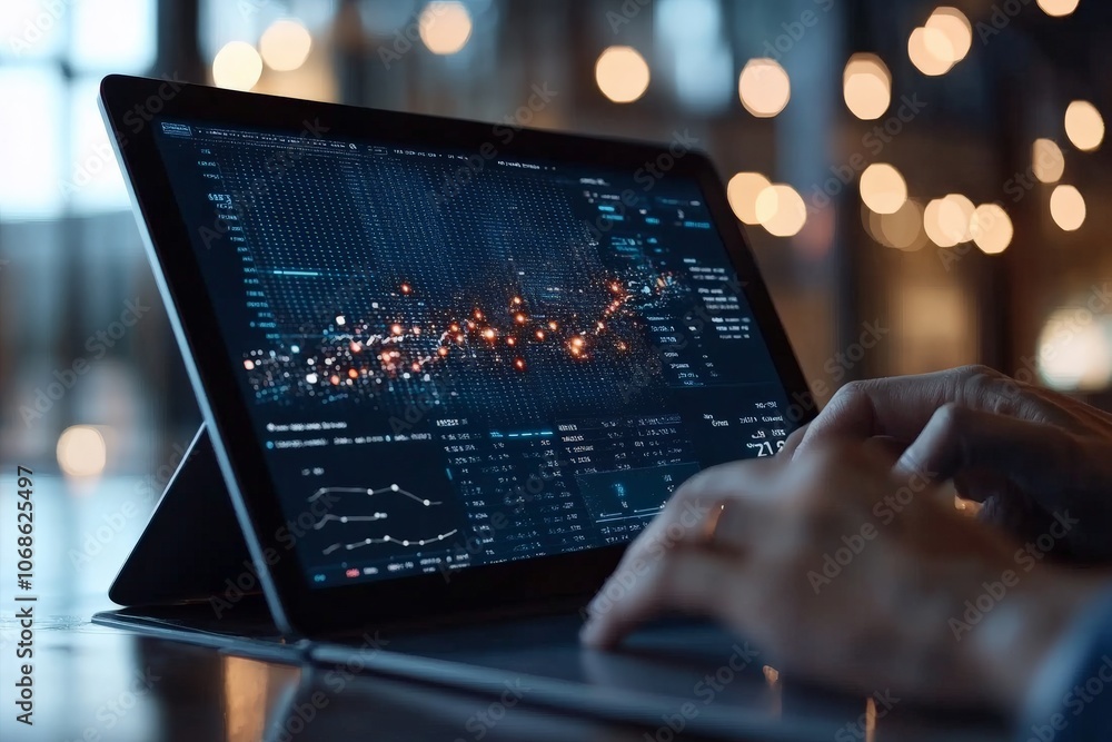 Poster a digital tablet screen, turning complexity into insights with vibrant data analysis graphs and vibr