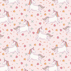 Cute Sweet Unicorn Head Seamless Pattern on pink background with stars