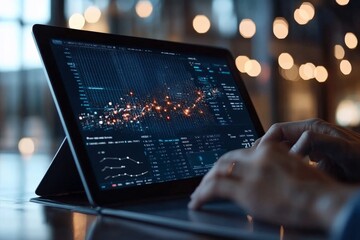 A digital tablet screen, turning complexity into insights with vibrant data analysis graphs and vibrant points, symbolizes tech-driven innovation and critical business decisioning.