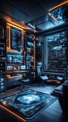 Obraz premium Futuristic Tech-Filled Office with Illuminated Interface