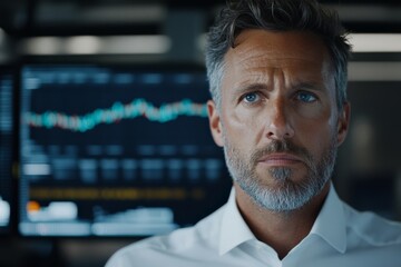 A serious man examines a computer screen showing financial data and charts, displaying intense concentration and analytical prowess in a financial context.
